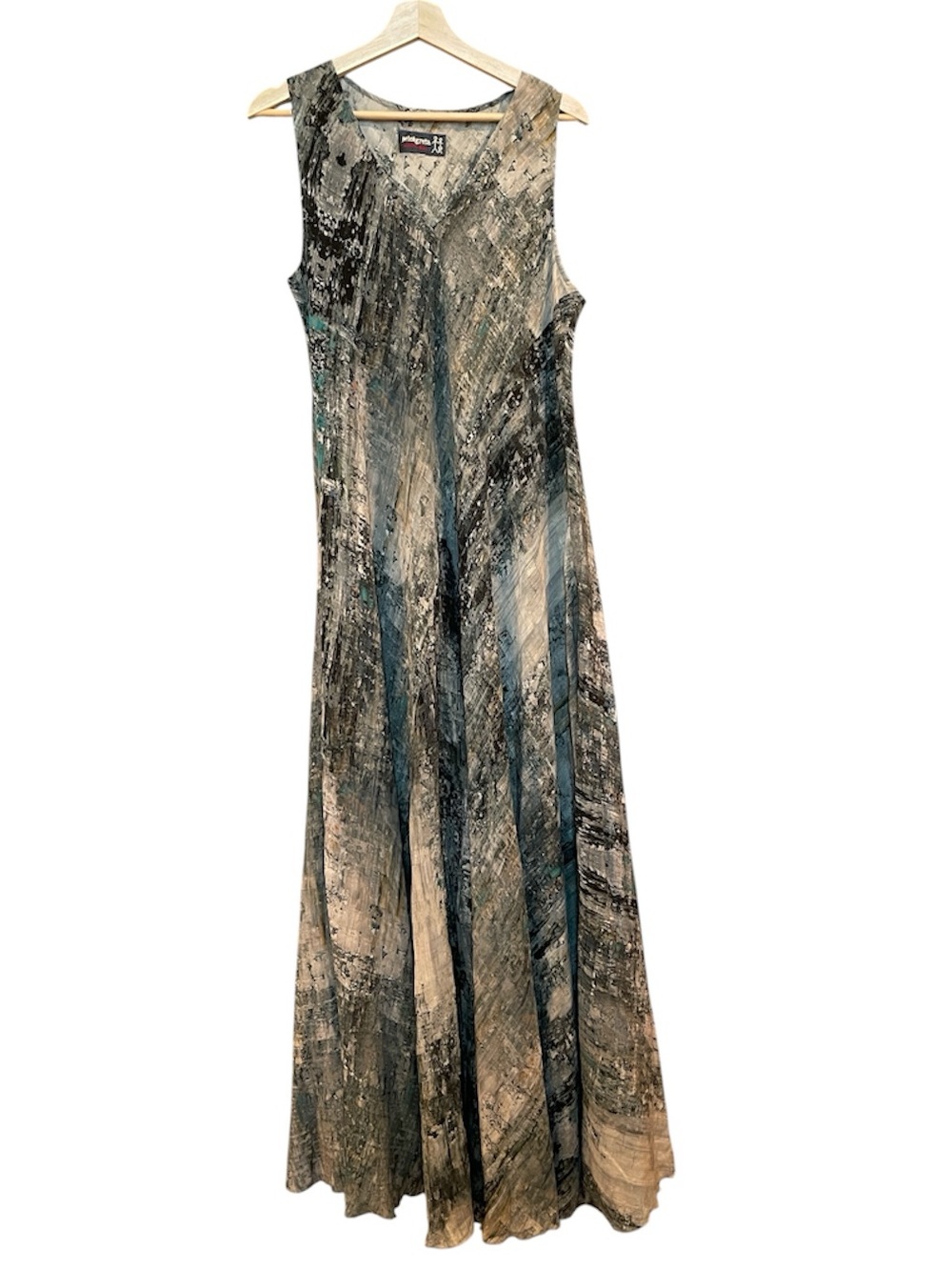Johnny Was Arowal Silk Sleeveless Abstract Print Maxi Dress in Teal and Gray - Picture 3 of 9